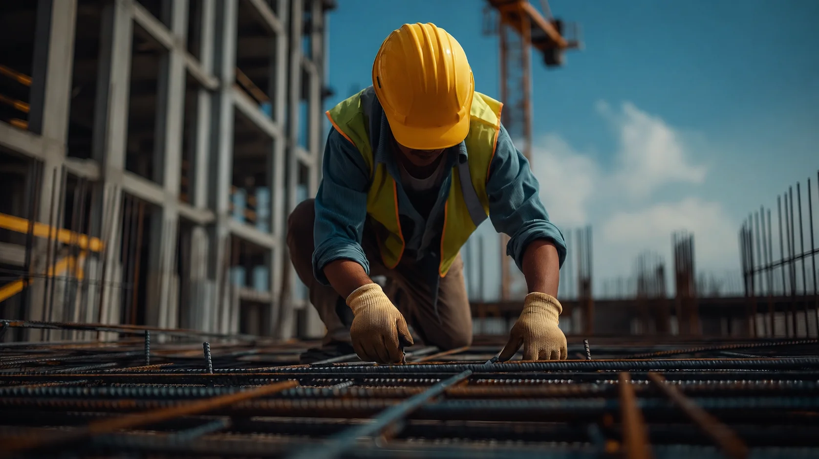 construction worker wearing a yellow hard hat and safety vest is worki